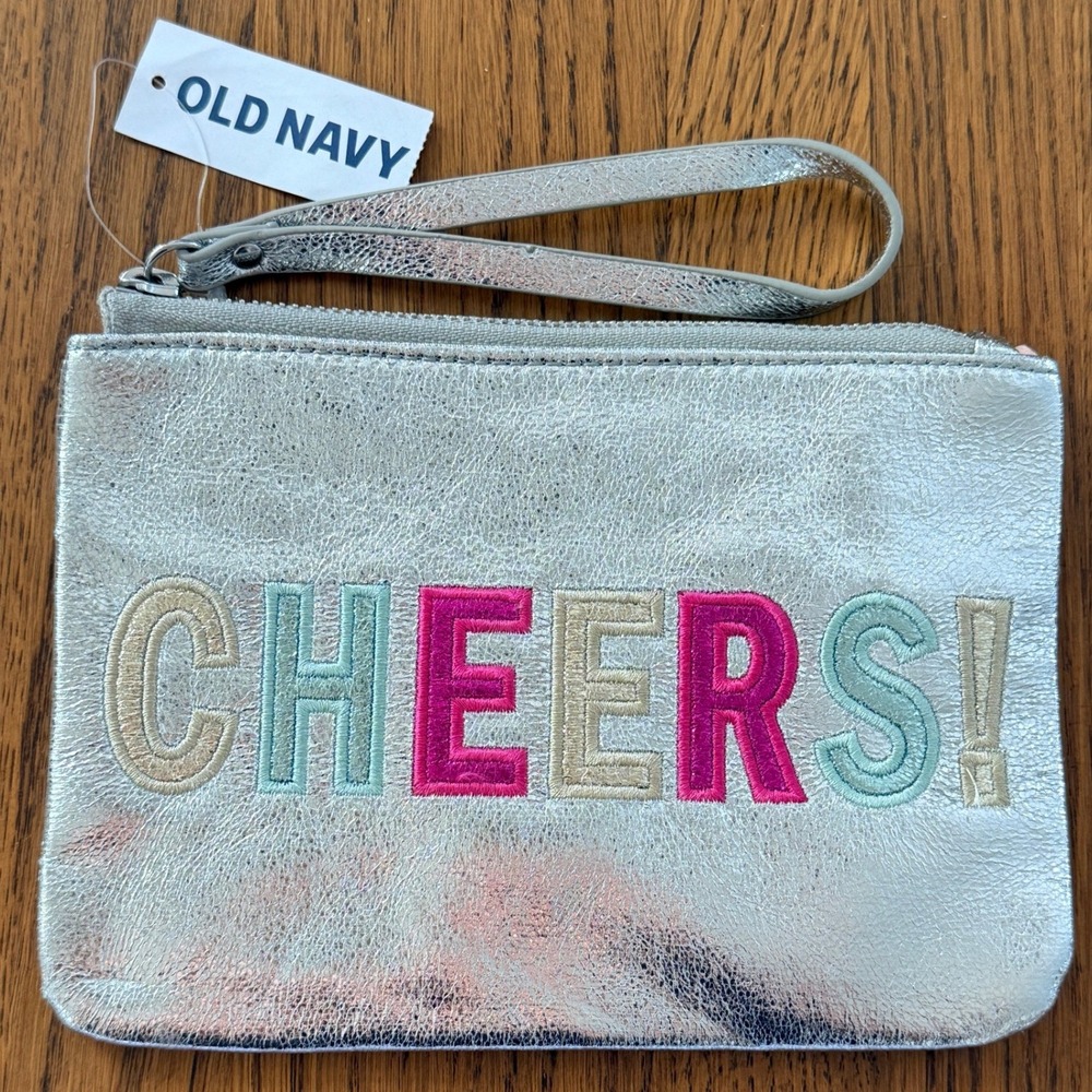 Old Navy Cheers Wristlet Pouch Metallic Silver Embroidered Clutch One Size Women